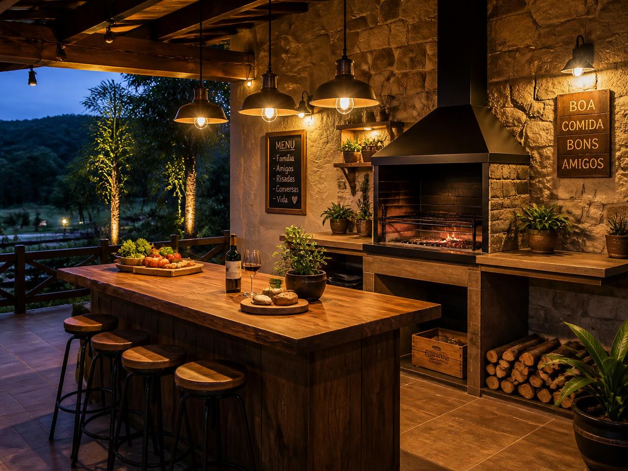 Área gourmet com churrasqueira, bancada de madeira e luzes quentes