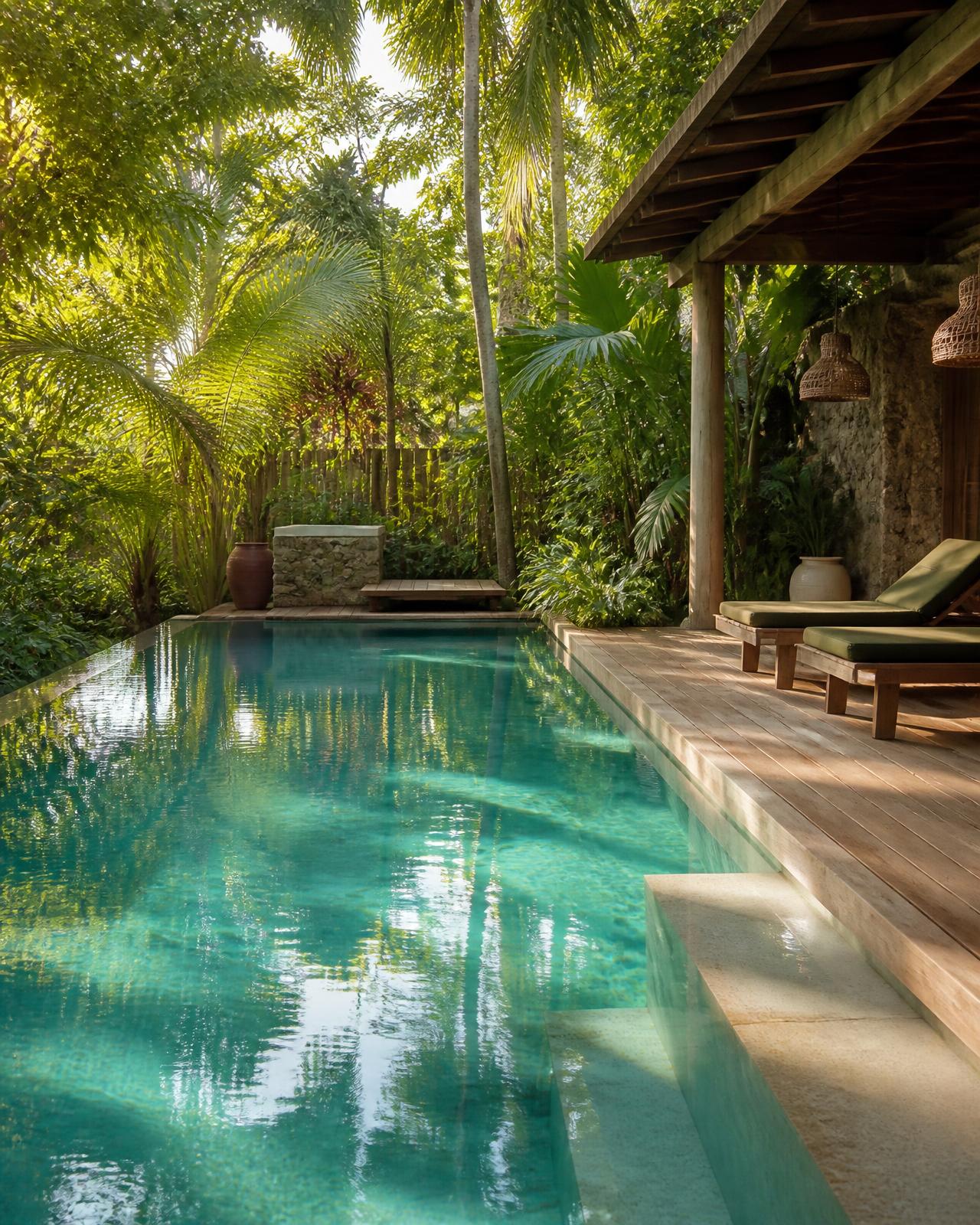 Piscina de água azul-esverdeada cercada por vegetação e deck de madeira